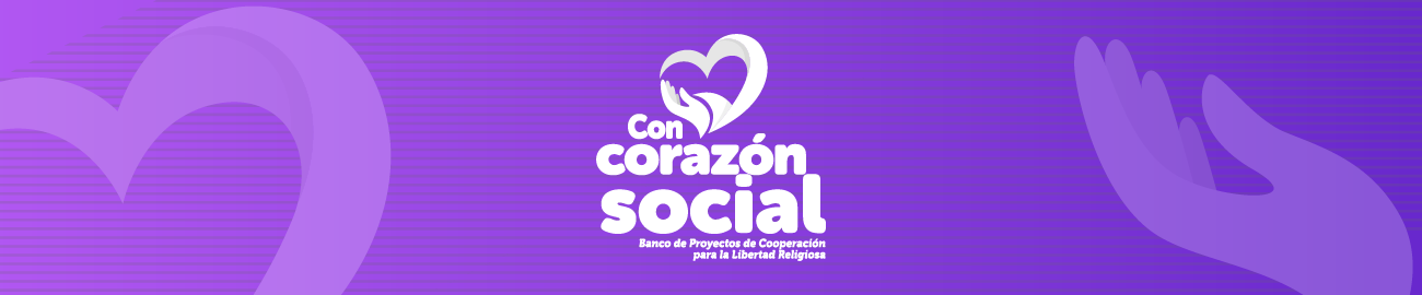 Fondo violeta y se relaciona un identificador visual que se compone de una forma de corazón que contiene una mano ayudando y aparece el siguiente texto: Con corazón social - Banco de proyectos de Cooperación para la Libertad Religiosa.