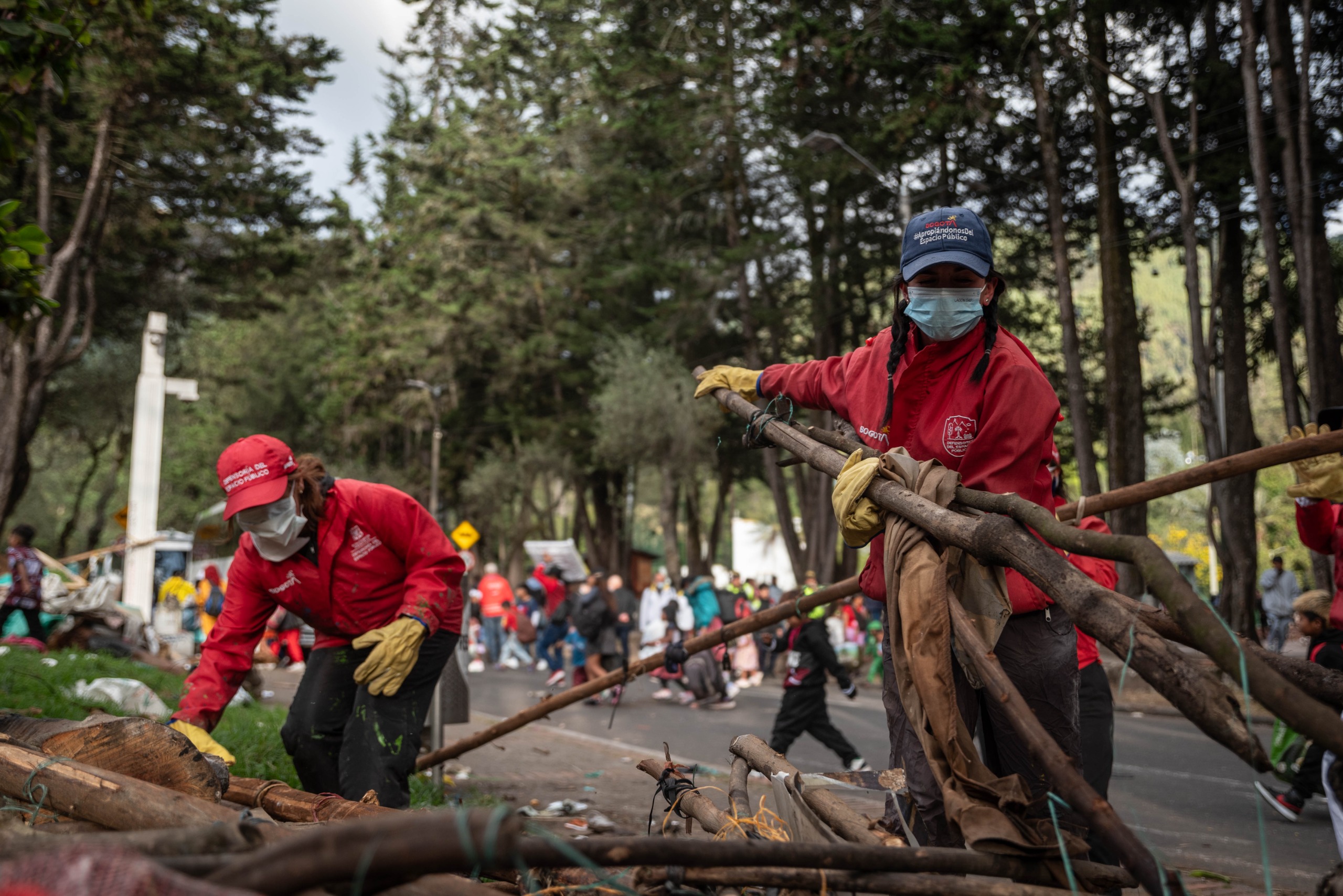 Foto de funcionarios de la Defensoría del Espacio Público organizando ramas de arboles sobre el piso