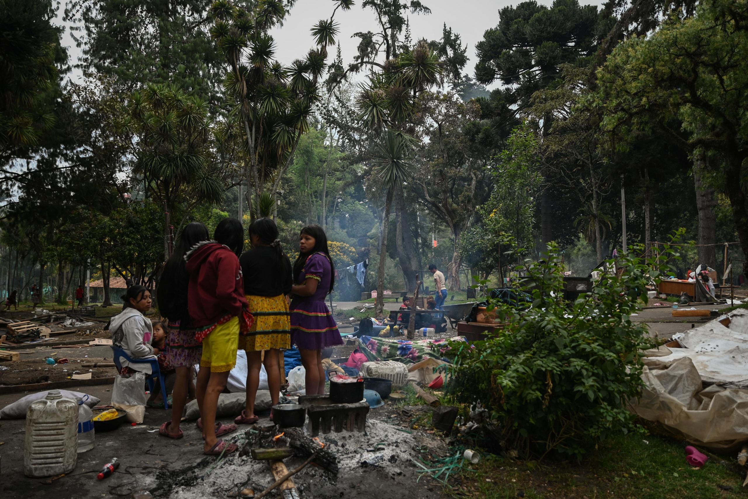 Foto de varias niñas y adolescentes Embera reunidas en medio del Parque Nacional donde su comunidad está recogiendo sus pertenencias