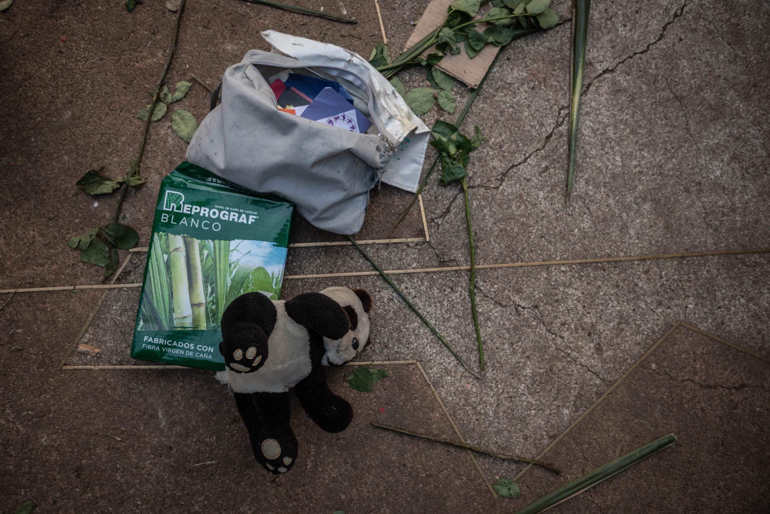 Foto donde se aprecia una cartuchera con dibujos, una resma de papel y un oso de peluche sobre el piso