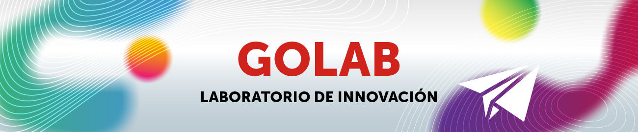 GOLAB - Laboratorio de innivación - formas abstractas de colores sobre fondo gris y con un ícono de color blanco de un avion de papel.