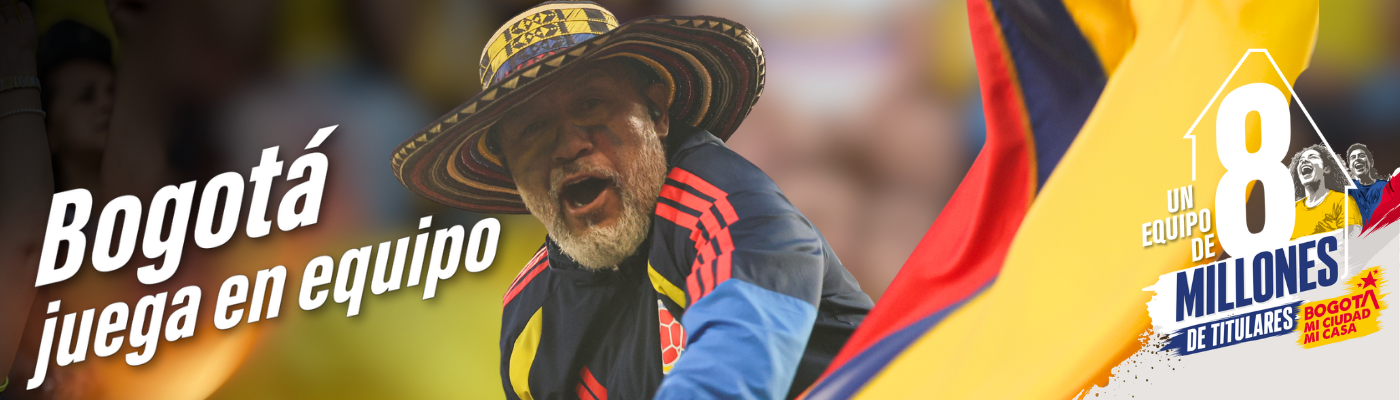 Foto de un hincha de la selección acompañada del texto: "Bogotá juega en equipo"