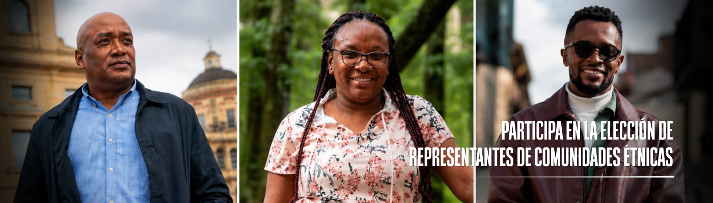 Foto de tres personas de las diferentes comunidades étnicas sonriendo