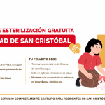 Pieza gráfica informativa sobre la jornada gratuita de esterilización de perros y gatos en la localidad de San Cristóbal. Incluye fecha, lugar, requisitos y recomendaciones para acceder al servicio veterinario.
