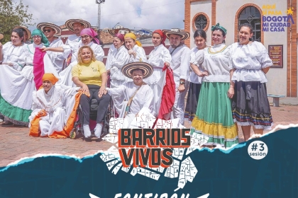 Imagen con una foto grupal e información del evento de Barrios Vivos que se llevará a cabo en la Casa de la Cultura de Fontibón.
