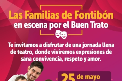 Pieza grafica en la que se invita a las familias de Fontibón a participar de la celebración del Dia de la Familia que se realizará en el parque Villemar de 9 a 4 de la tarde. 