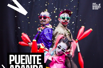 Afiche colorido de evento cultural en Puente Aranda con artistas circenses y detalles de fecha, hora y lugar