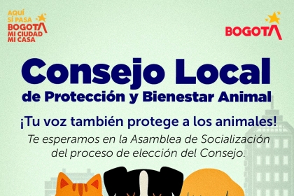 Afiche de la Alcaldía Local de Puente Aranda que invita a la Asamblea de Socialización del Consejo Local de Protección y Bienestar Animal, el 24 de septiembre a las 3:00 p.m. en la sede de la Alcaldía Local.