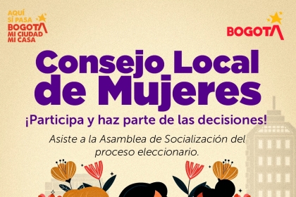 Afiche de la Alcaldía Local de Puente Aranda que invita a la Asamblea de Socialización del Consejo Local de Mujeres, el 25 de septiembre a las 2:00 p.m. en la sede de la Alcaldía Local.