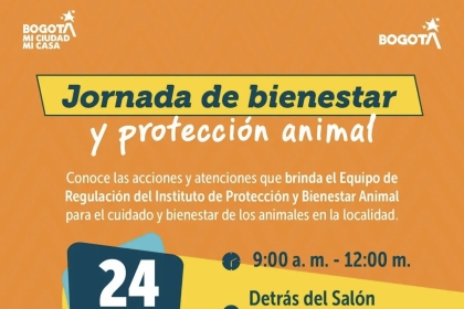 Cuidar a nuestros animales también es construir una mejor localidad! 💚  Estás a tiempo de participar la Jornada de Bienestar y Protección Animal, donde podrás acceder a vacunación antirrábica, valoración médico veterinaria y orientación sobre tenencia responsable.  📍 Detrás del Salón Comunal Murillo Toro  ¡Te esperamos con tu compañero de cuatro patas! 