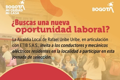  ¡Esta puede ser tu próxima oportunidad laboral! Si eres conductor(a) o mecánico(a) eléctrico(a) y resides en la localidad de Rafael Uribe Uribe, esta convocatoria es para ti.  📄 Lleva tu hoja de vida y participa en una jornada de selección donde podrás realizar tu entrevista el mismo día.