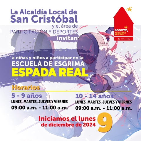  ¡Atención, comunidad deportiva de San Cristóbal! Te invitamos a ser parte de una experiencia única  el curso de esgrima "Espada Real", una actividad física innovadora y con enfoque diferencial diseñada especialmente para nuestros niños, niñas y adolescentes.    Día de inicio y horarios: consulta todos los detalles en el flyer.  Inscríbete ya a través del enlace que aparece allí. ¡No pierdas esta oportunidad de aprender, divertirte y transformar tu tiempo libre de manera épica! 