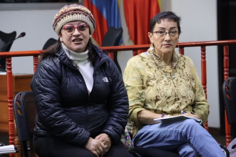 Dos mujeres sentadas prestando atención a una charla.