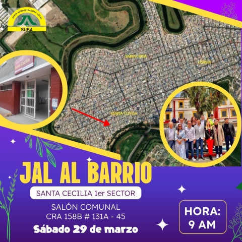 -Nombre de evento: JAL AL BARRIO  📌 Día y fecha: sabado 29 de marzo 🕓 Horario (inicio y finalización): 9 a.m.  - 1 p.m.  📌 Lugar y dirección del evento: Carrera 158 b # 131 a 45