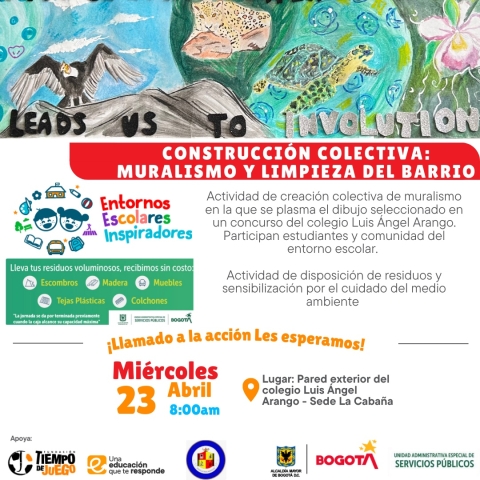 Imagen con la información del evento de muralismos que se realizará en el colegio Luis Ángel Arango