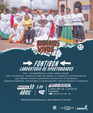 Imagen con una foto grupal e información del evento de Barrios Vivos que se llevará a cabo en la Casa de la Cultura de Fontibón.