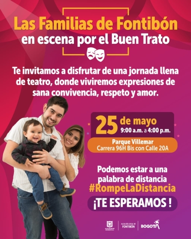 Pieza grafica en la que se invita a las familias de Fontibón a participar de la celebración del Dia de la Familia que se realizará en el parque Villemar de 9 a 4 de la tarde. 