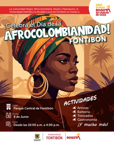 imagen con una mujer negra en la que se invita a celebrar el Dia de la Afrocolombianidad.
