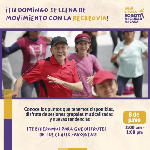 ¡Este domingo prepárate para moverte con toda la energía de la Recreovía! Ven con tu familia, amigos o en solitario y disfruta de clases grupales con música, nuevas tendencias y muchísima alegría.