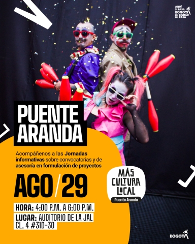 Afiche colorido de evento cultural en Puente Aranda con artistas circenses y detalles de fecha, hora y lugar