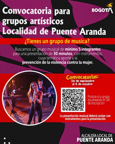 Convocatoria en Puente Aranda para grupos musicales de mínimo 5 integrantes, con presentaciones de 30 minutos sobre prevención de la violencia contra la mujer, abierta del 26 de septiembre al 6 de octubre.