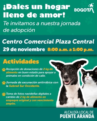 Jornada de Adopción que se realizará el 29 de noviembre de 2025, en el Centro Comercial Plaza Central, en el horario de 8:00 a.m. a 1:00 p.m.