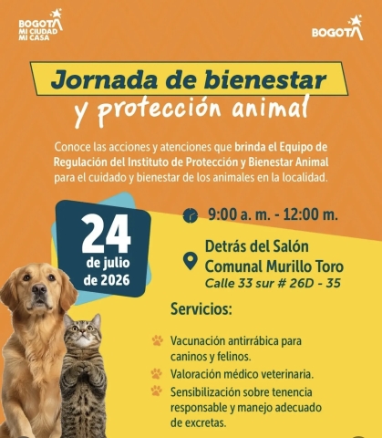 Cuidar a nuestros animales también es construir una mejor localidad! 💚  Estás a tiempo de participar la Jornada de Bienestar y Protección Animal, donde podrás acceder a vacunación antirrábica, valoración médico veterinaria y orientación sobre tenencia responsable.  📍 Detrás del Salón Comunal Murillo Toro  ¡Te esperamos con tu compañero de cuatro patas! 