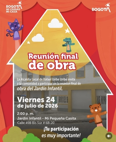 La participación de la comunidad también hace parte de una obra bien hecha.  👏🌈Te invitamos a acompañarnos en la reunión final de obra del Jardín Infantil Mi Pequeña Casita, un espacio para conocer los resultados del proyecto, resolver inquietudes y seguir fortaleciendo el trabajo conjunto con la comunidad.