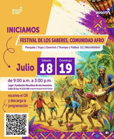 ¡La cultura, el deporte y la tradición se viven en Rafael Uribe Uribe!  Este fin de semana acompáñanos en el Festival de los Saberes de la Comunidad Afro, un espacio para compartir en familia, fortalecer nuestras raíces y disfrutar de actividades recreativas para todas las edades.  🎉 Ven, participa y celebra la riqueza cultural que hace de Bogotá una ciudad diversa e incluyente.