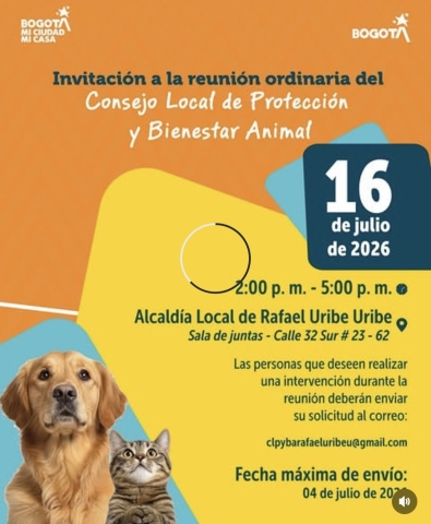 Tu voz también protege a los animales.  Este espacio de participación ciudadana busca fortalecer las acciones, propuestas e iniciativas que promuevan el bienestar y la protección animal en nuestra localidad.  ¡Te esperamos para seguir construyendo una comunidad más comprometida con el cuidado y el respeto por todos los seres sintientes!