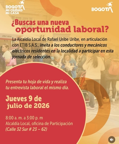  ¡Esta puede ser tu próxima oportunidad laboral! Si eres conductor(a) o mecánico(a) eléctrico(a) y resides en la localidad de Rafael Uribe Uribe, esta convocatoria es para ti.  📄 Lleva tu hoja de vida y participa en una jornada de selección donde podrás realizar tu entrevista el mismo día.
