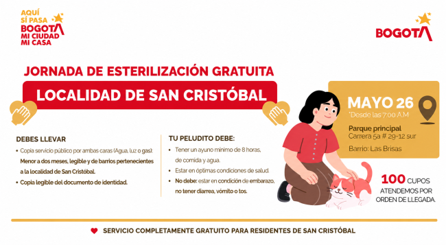 Pieza gráfica informativa sobre la jornada gratuita de esterilización de perros y gatos en la localidad de San Cristóbal. Incluye fecha, lugar, requisitos y recomendaciones para acceder al servicio veterinario.