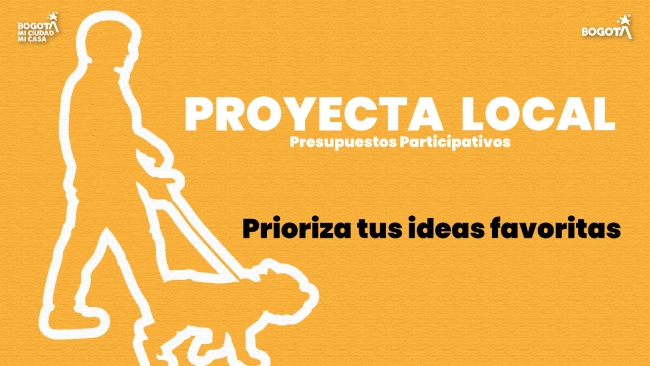 Pieza diseñada que tiene un texto que dice "Proyecta Local Presupuestos Participativos - Prioriza tus ideas"